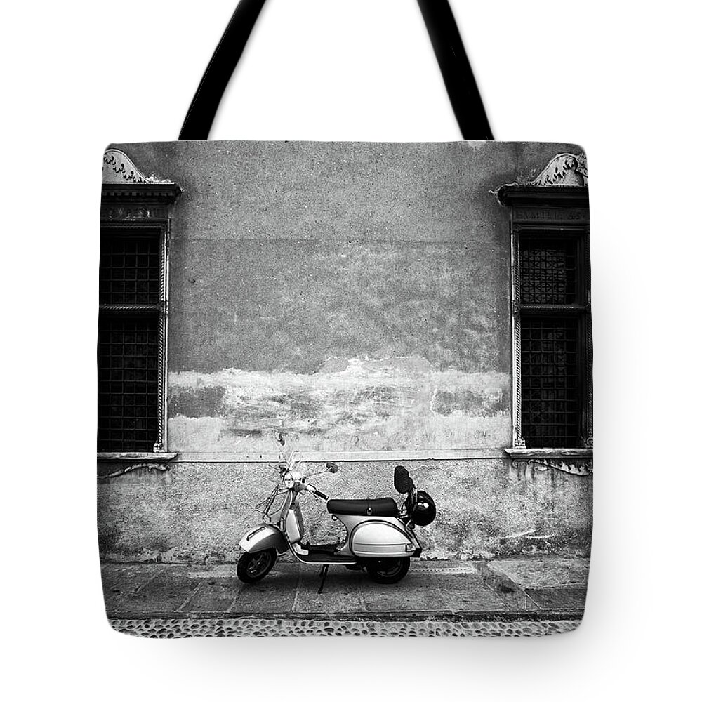 Two Objects Tote Bag featuring the photograph Vespa Piaggio. Black And White by Claudio.arnese
