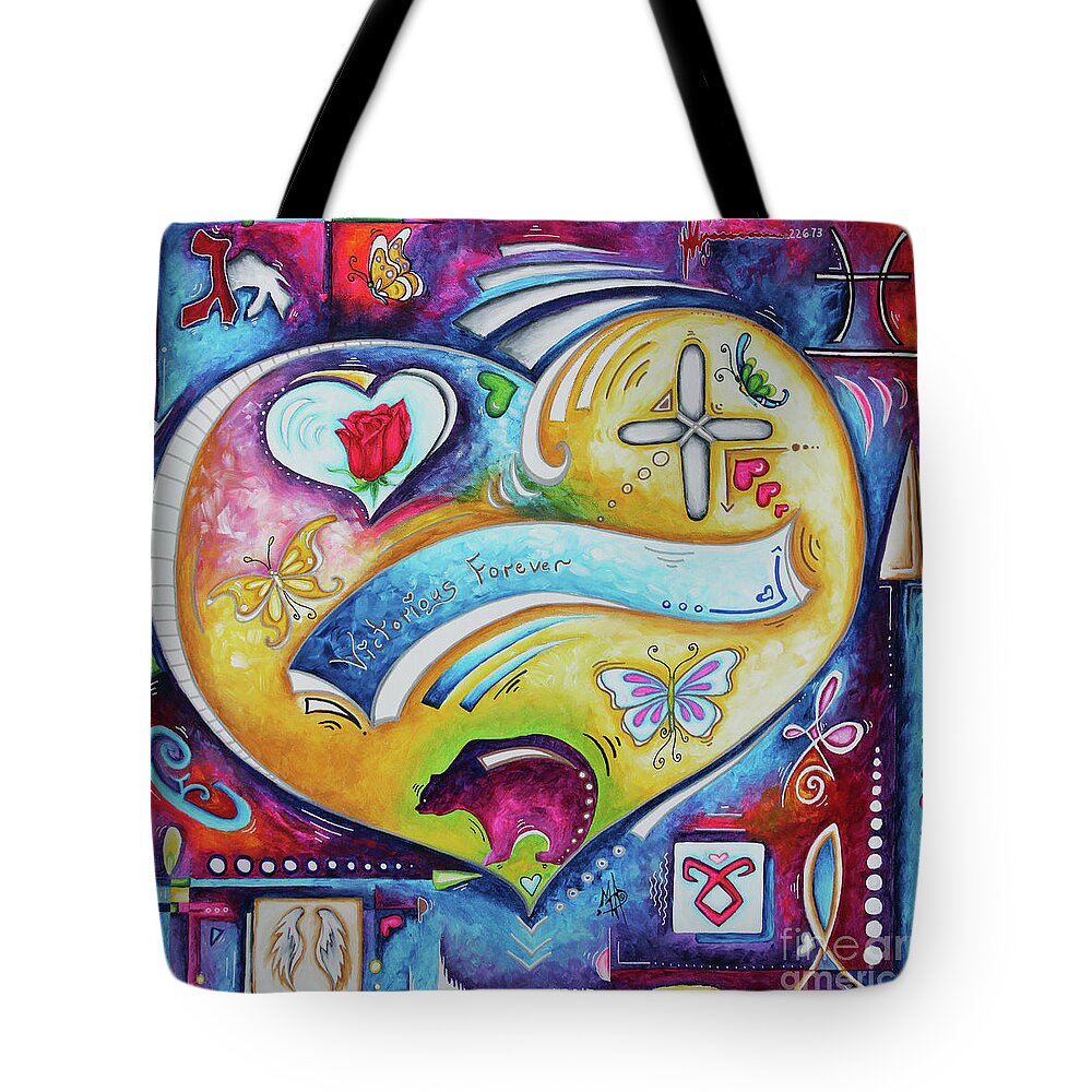 Heart Tote Bag featuring the painting Victorious Forever an original Custom Heart Tribute Painting for a Collector by Megan Duncanson