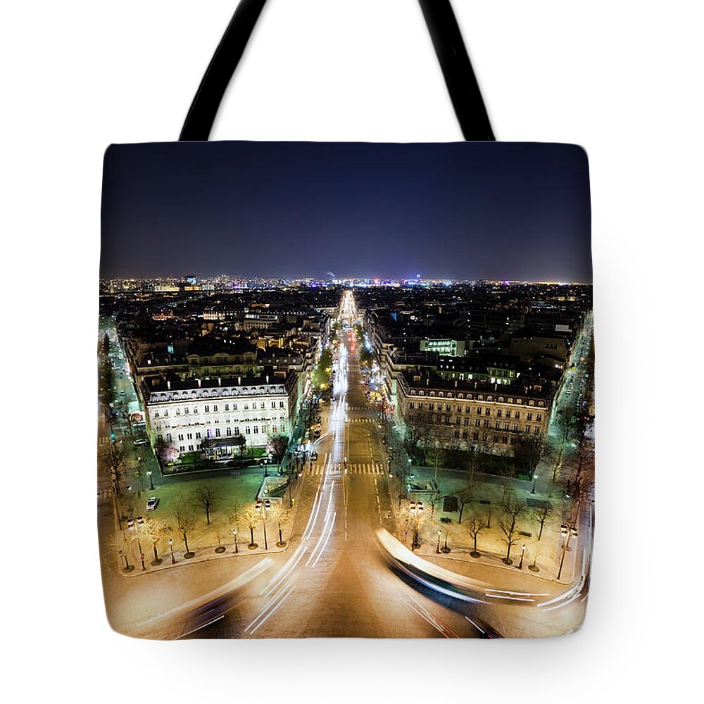 Outdoors Tote Bag featuring the photograph View From Arc De Triomphe At Night by Jorg Greuel