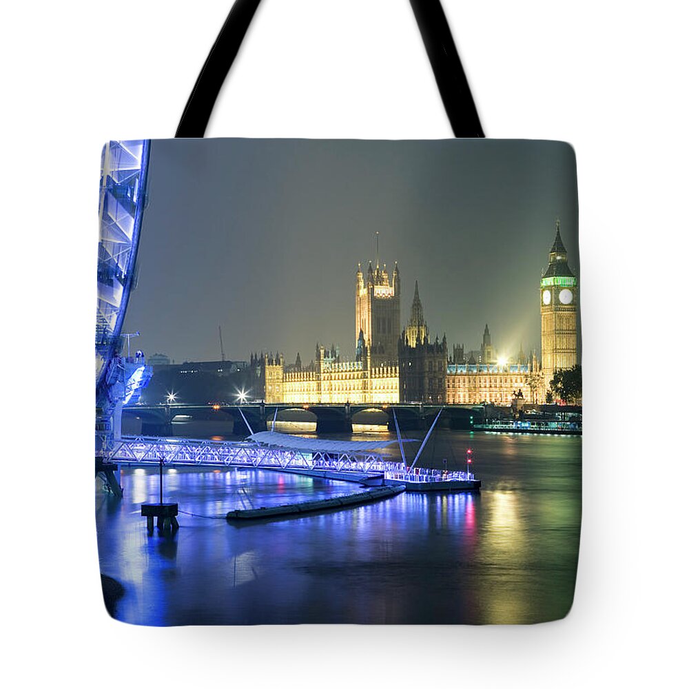 Ip_70196828 Tote Bag featuring the photograph View From Queens Walk Towards The Houses Of Parliament With Big Ben, Clock Tower, And London Eye, Southwark, London, England, Europe by H.& D. Zielske