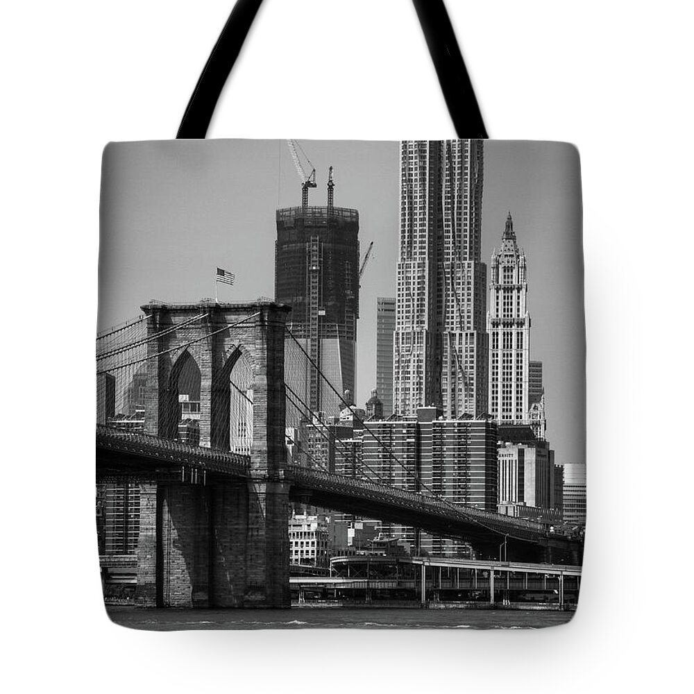 Suspension Bridge Tote Bag featuring the photograph View Of One World Trade Center And by Matt Pasant