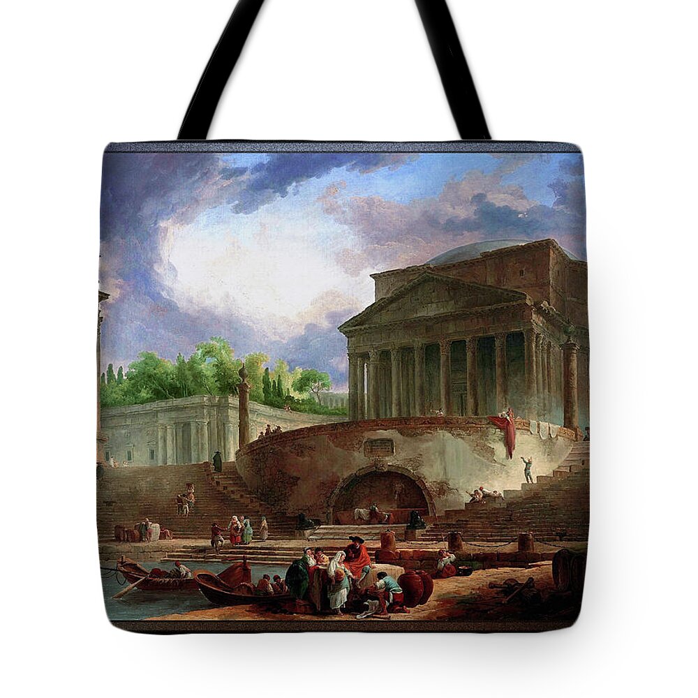 View Of Ripetta Tote Bag featuring the painting View of Ripetta by Hubert Robert by Rolando Burbon