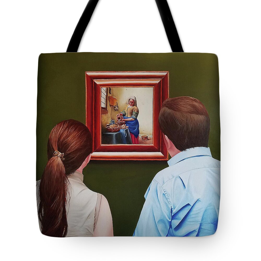 Vermeer Tote Bag featuring the painting Viewing Vermeer by Vic Ritchey