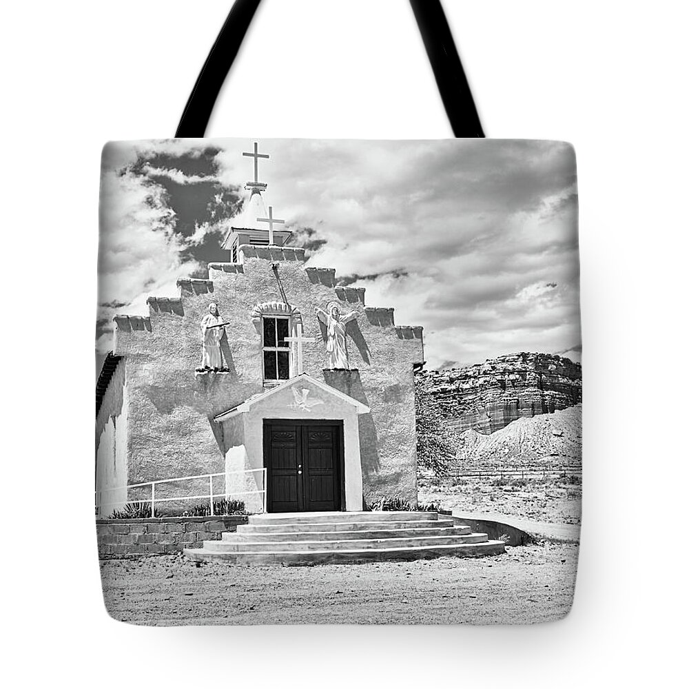 Cabezon Tote Bag featuring the photograph Village church 1, New Mexico, BW by Segura Shaw Photography