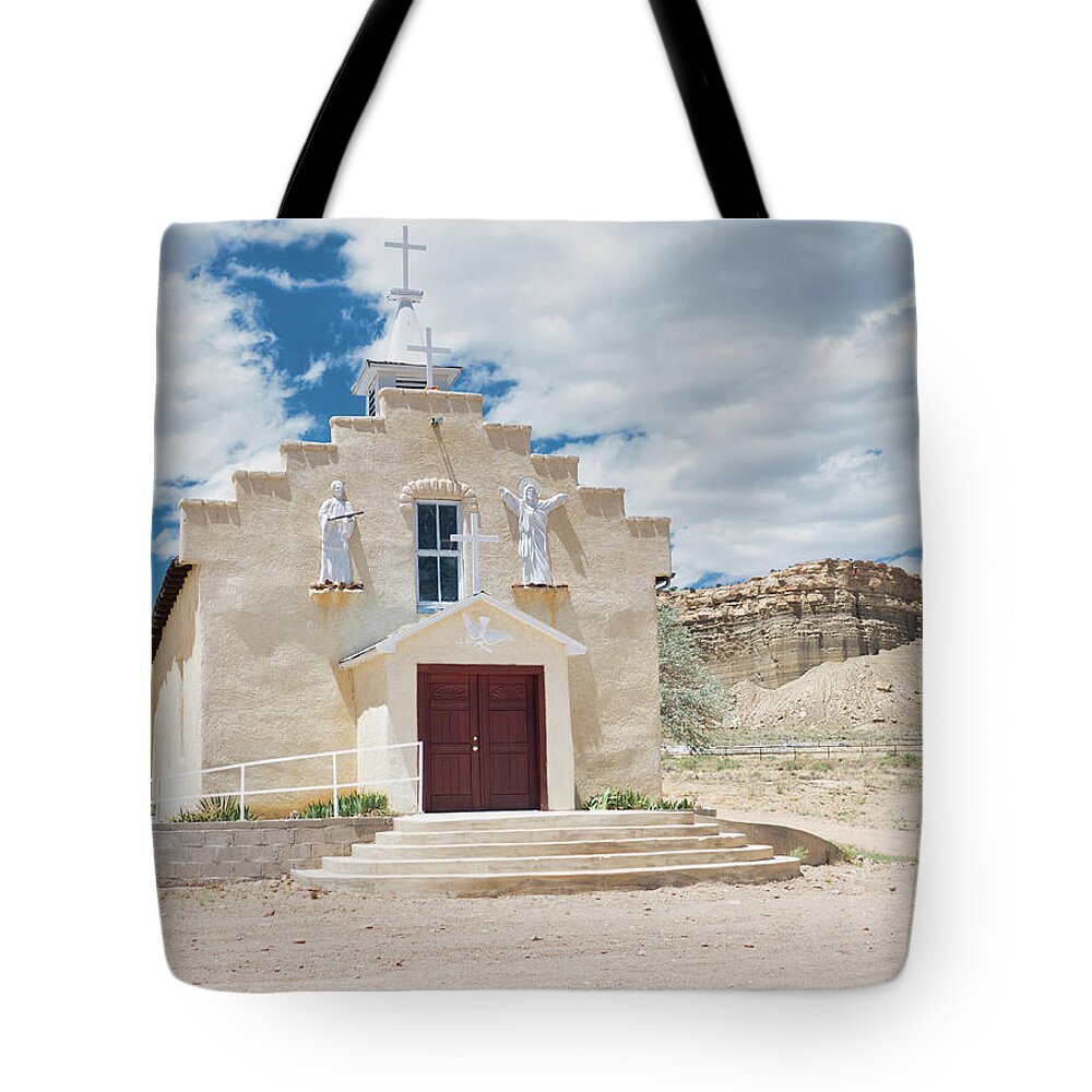 Cabezon Tote Bag featuring the photograph Village church 1, New Mexico, color by Segura Shaw Photography