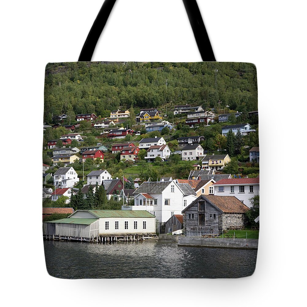 Built Structure Tote Bag featuring the photograph Village Of Aurland Viewed From The by Jacobo Zanella