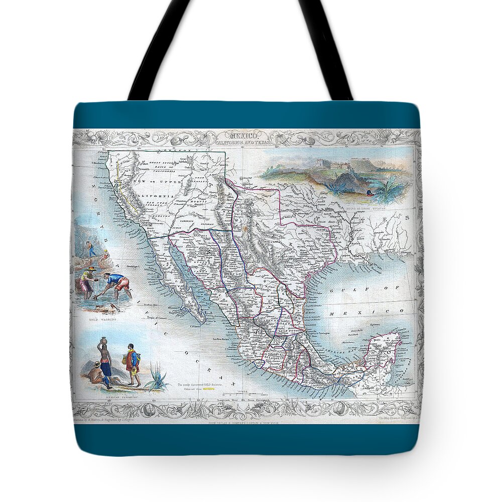 Vintage Tote Bag featuring the digital art Vingage Map of Texas, California and Mexico by Lisa Redfern