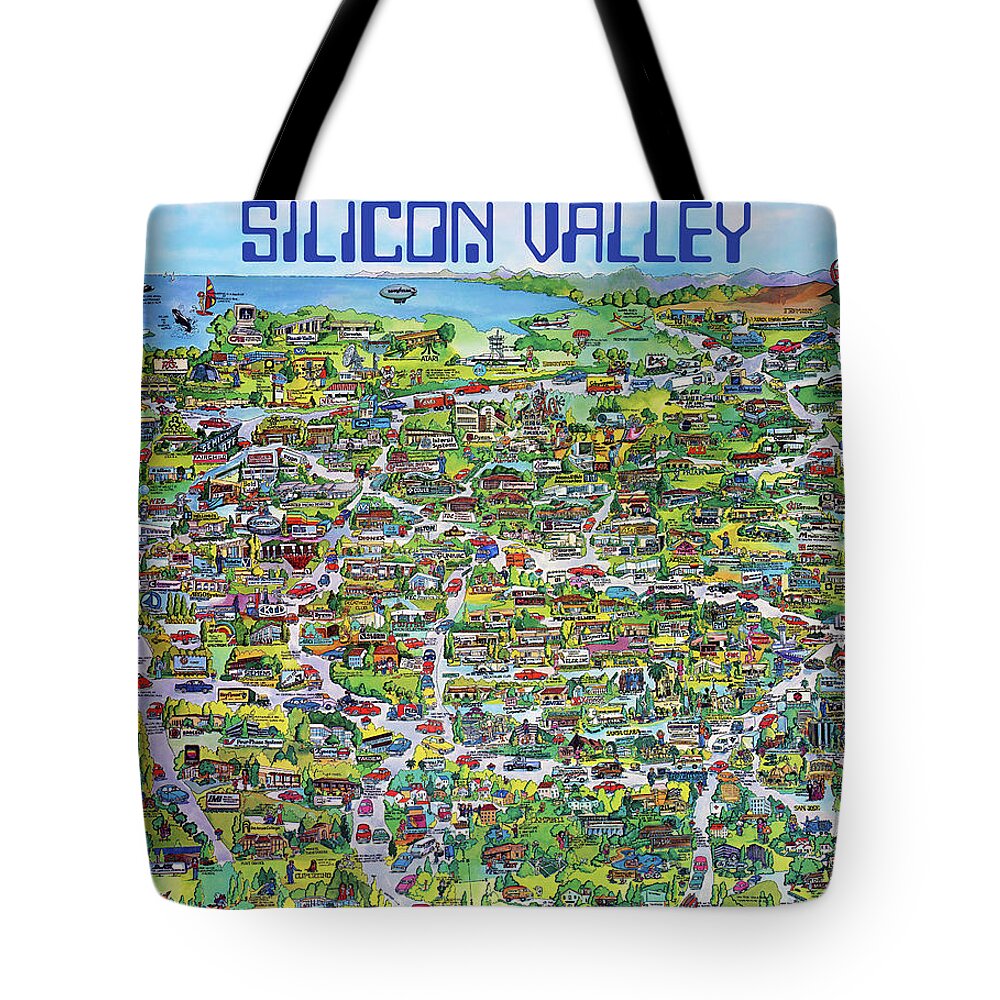 Silicon Valley Tote Bag featuring the mixed media Vintage 1982 Silicon Valley USA Poster Print, Shows Many Historic Companies and Places by Kathy Anselmo