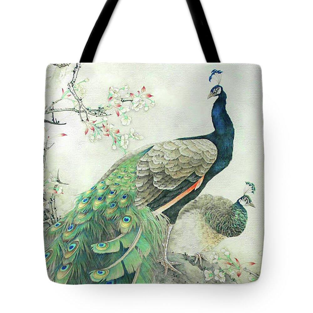 Vintage Tote Bag featuring the painting Vintage Art - Pair of Peacocks in tree by Audrey Jeanne Roberts