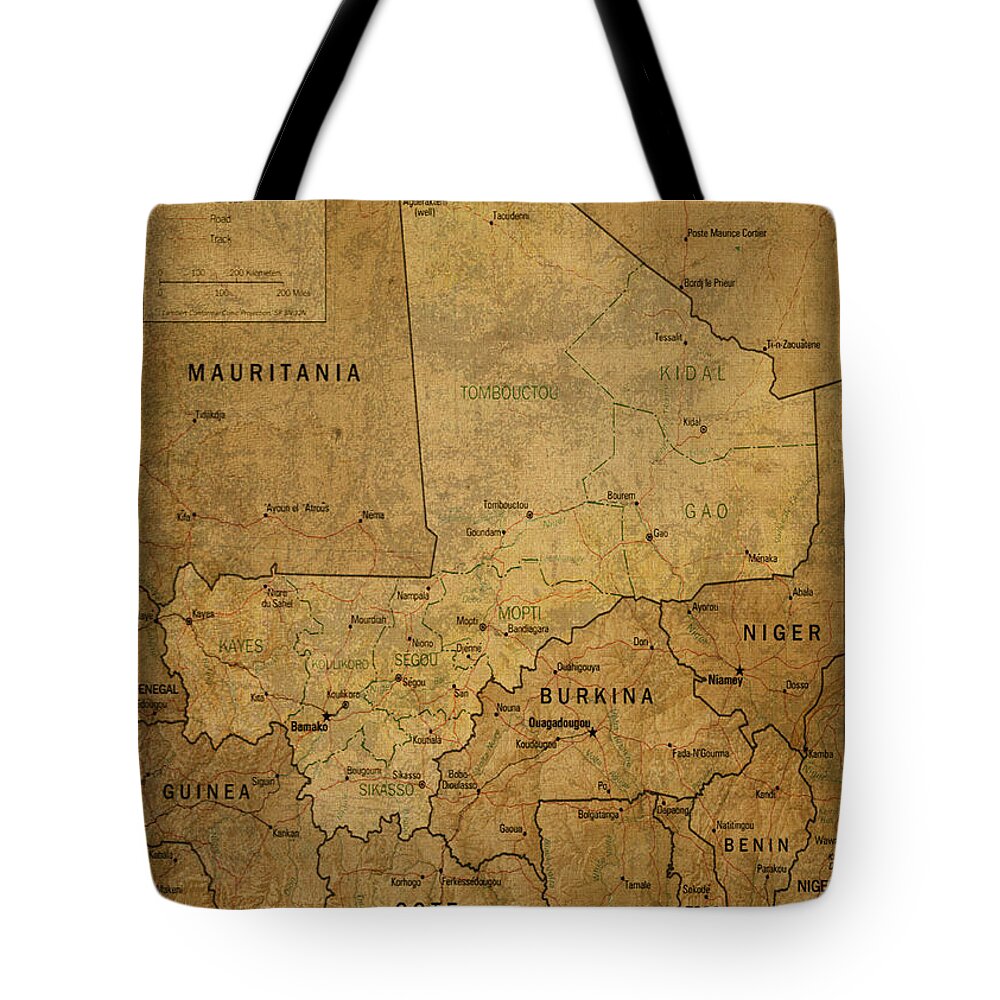 Vintage Tote Bag featuring the mixed media Vintage Map of Mali West Africa by Design Turnpike