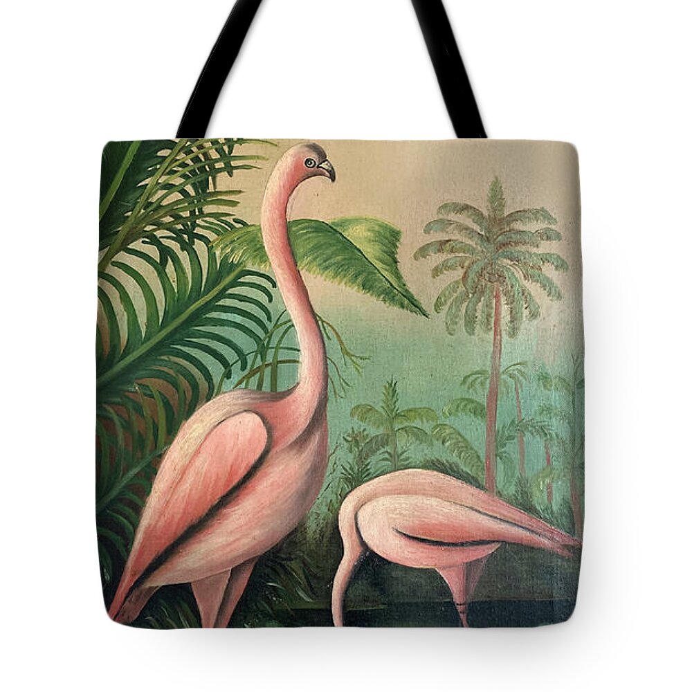 Vintage Tote Bag featuring the painting Vintage Painting Pink Flamingos by Marilyn Hunt