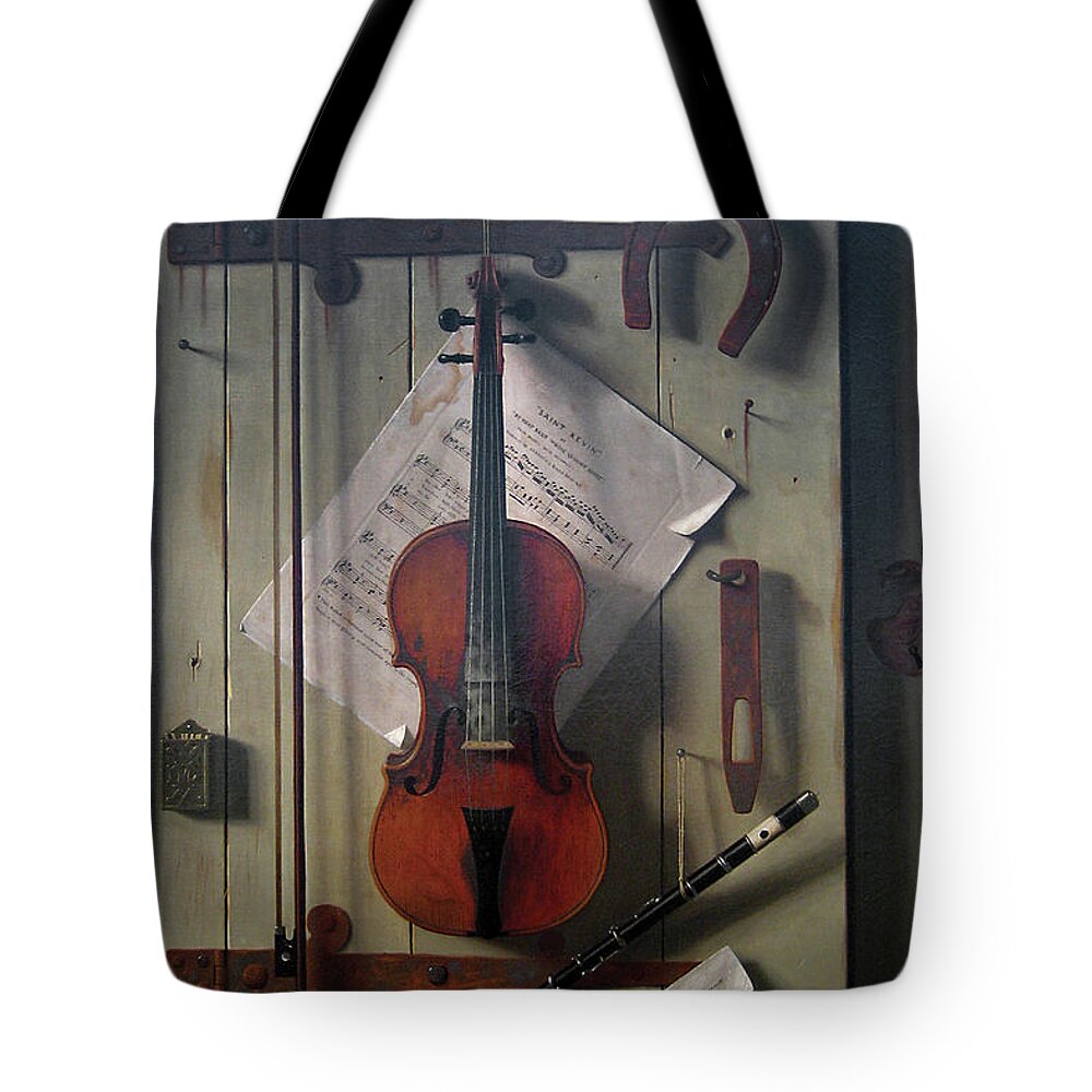 Trompe L'oeil Tote Bag featuring the painting Violin & Music by William Michael Harnett