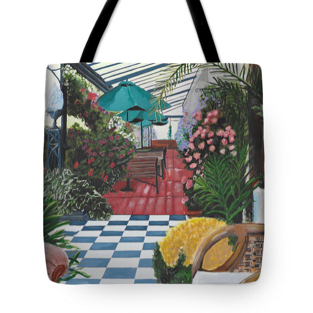 Garden Tote Bag featuring the painting Walpole Bay flower deck by David Bigelow