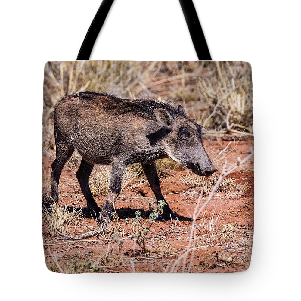 Warthog Tote Bag featuring the photograph Warthog, Namibia by Lyl Dil Creations