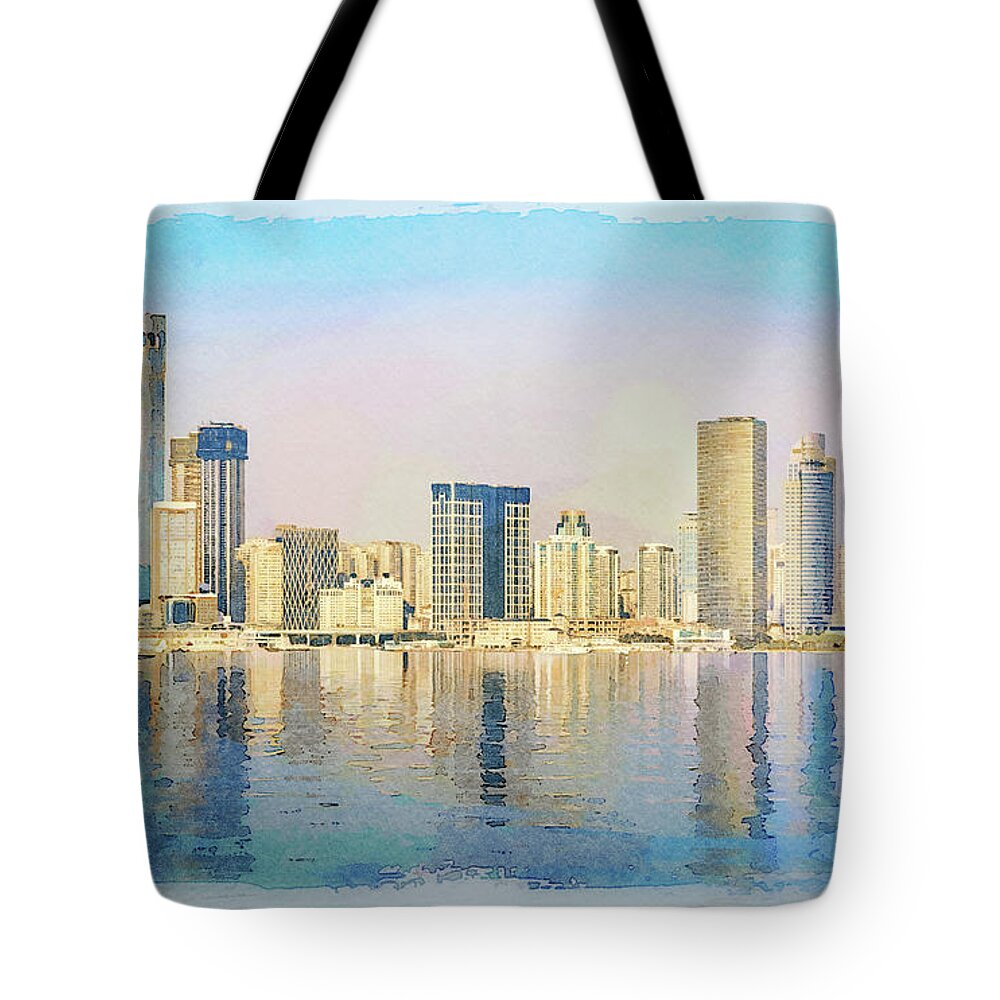 Painting Tote Bag featuring the digital art Water color of skyline of the city of Xiamen with reflections by Steven Heap