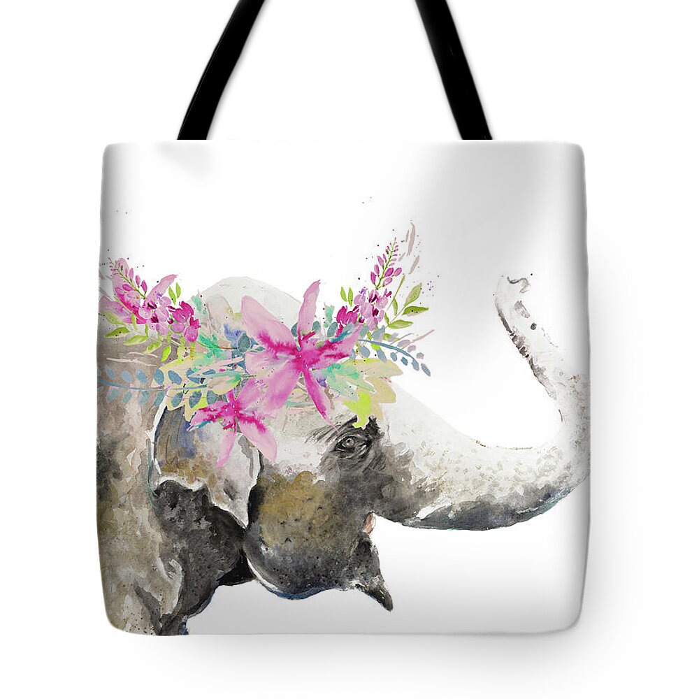 Water Tote Bag featuring the painting Water Elephant With Flower Crown by Patricia Pinto