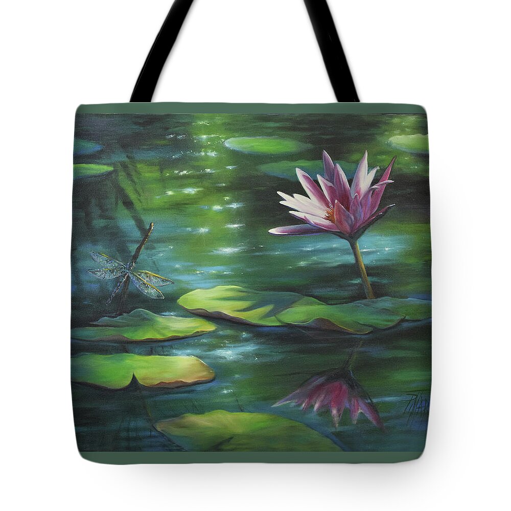 Water Lilies Tote Bag featuring the painting Dragonfly and Waterlily by Lynne Pittard