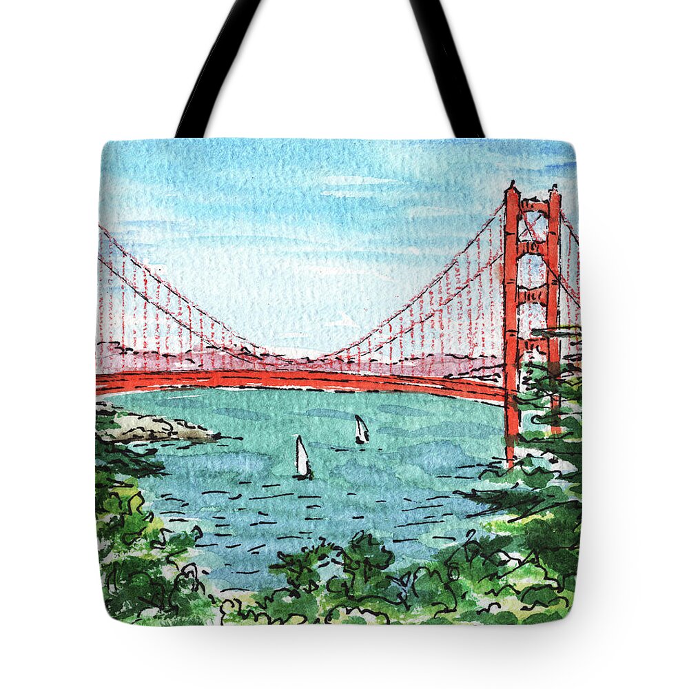 Golden Gate Tote Bag featuring the painting Watercolor Landscape With Golden Gate Bridge by Irina Sztukowski