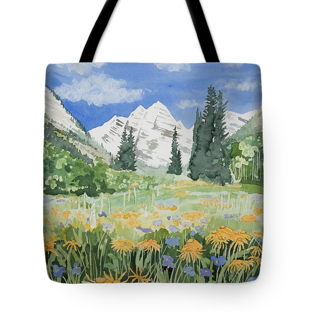 Landscape Tote Bag featuring the painting Watercolor- Maroon Bells Summer Landscape by Cascade Colors