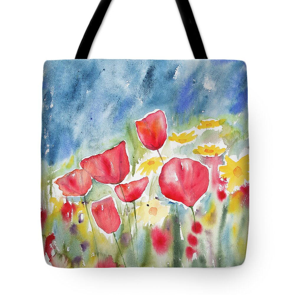 Poppy Tote Bag featuring the painting Watercolor - Poppies and Sky by Cascade Colors
