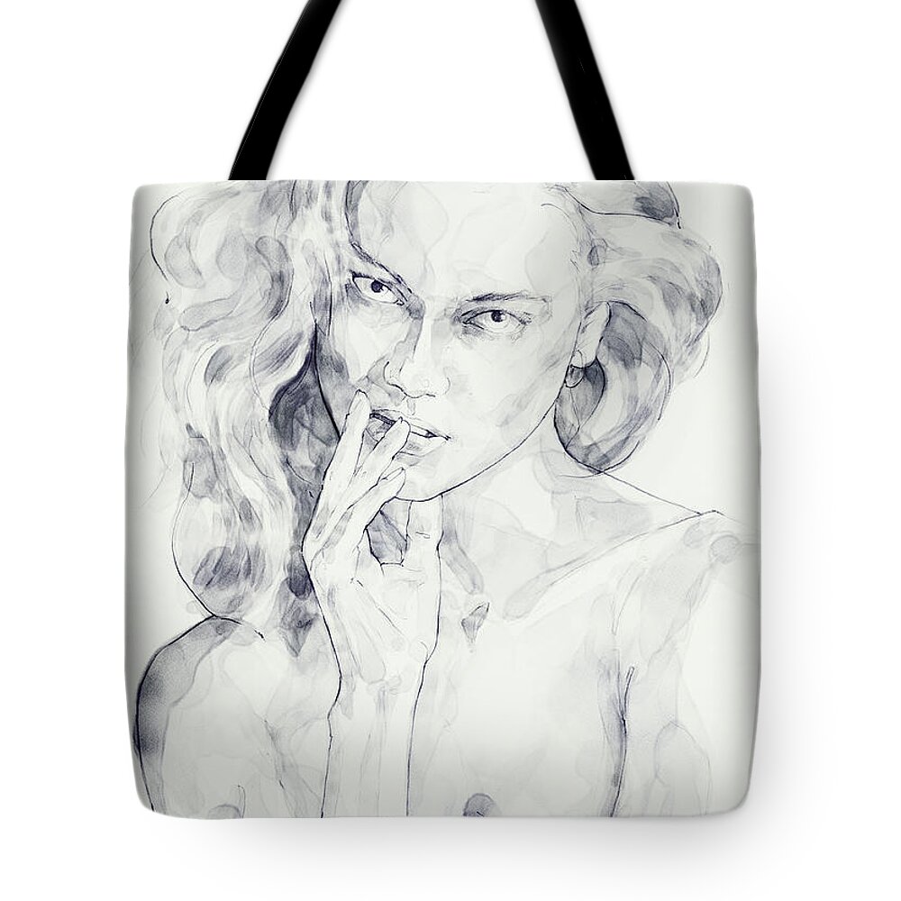 Watercolor Tote Bag featuring the painting Watercolor portrait of a girl by Dimitar Hristov