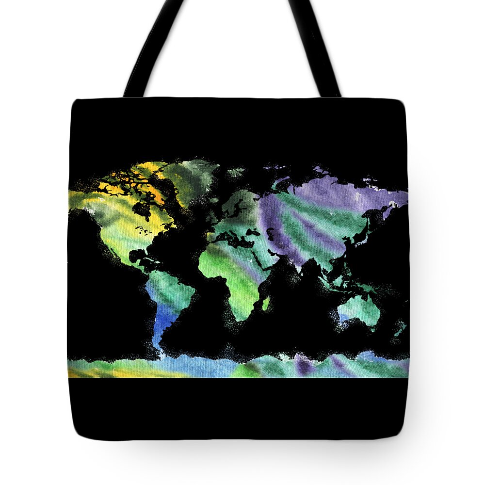 Blue Tote Bag featuring the painting Watercolor Silhouette World Map Colorful PNG VI by Irina Sztukowski