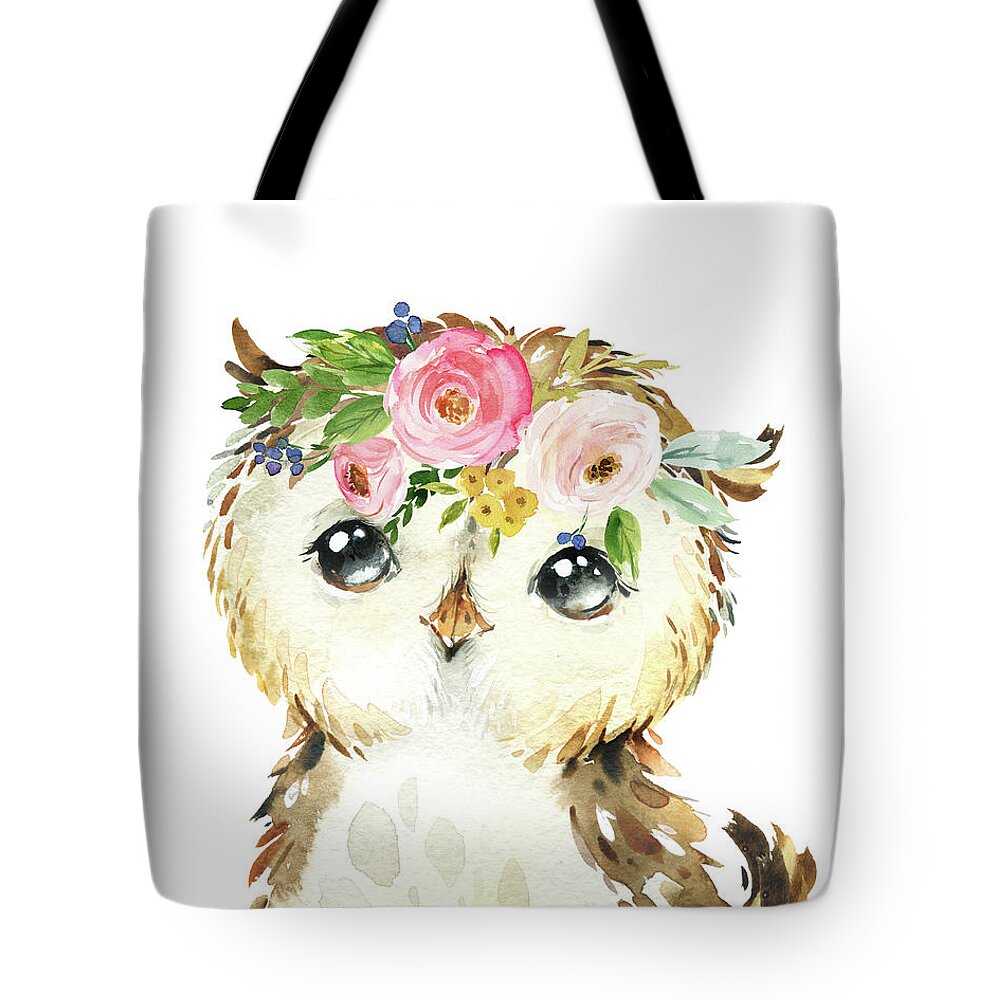 Owl Tote Bag featuring the digital art Watercolor Woodland Owl Wall Art Print Tapestry by Pink Forest Cafe