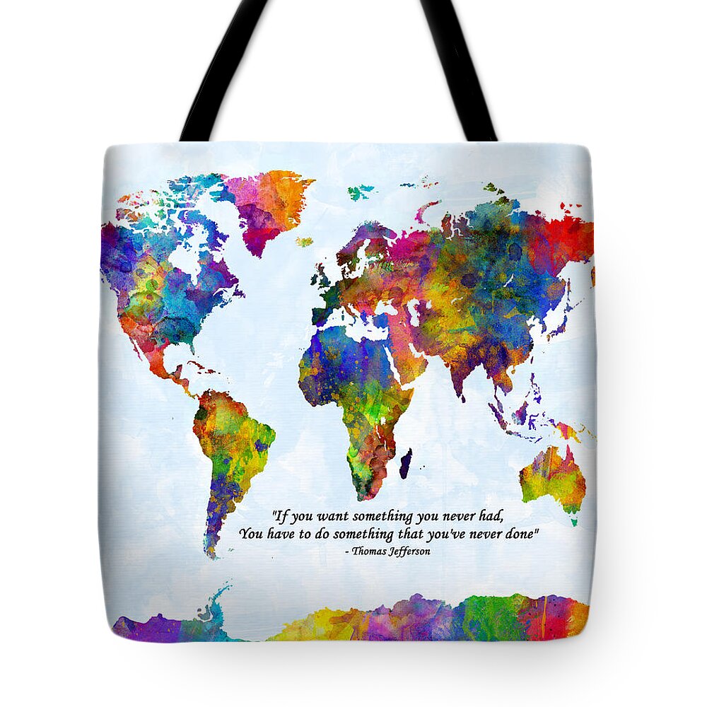 World Map Tote Bag featuring the digital art Watercolor World Map Custom Text Added by Michael Tompsett