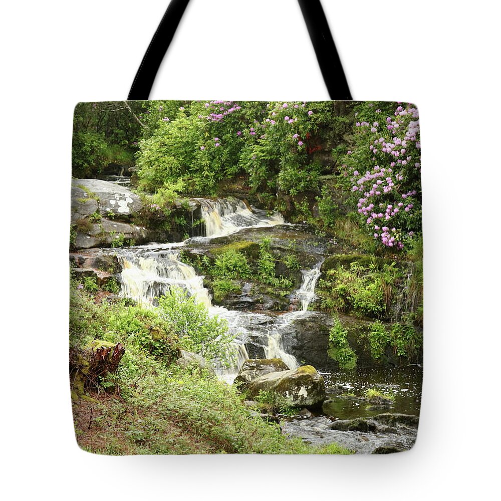 Waterfall Tote Bag featuring the photograph Waterfall And Gardens by Jeff Townsend