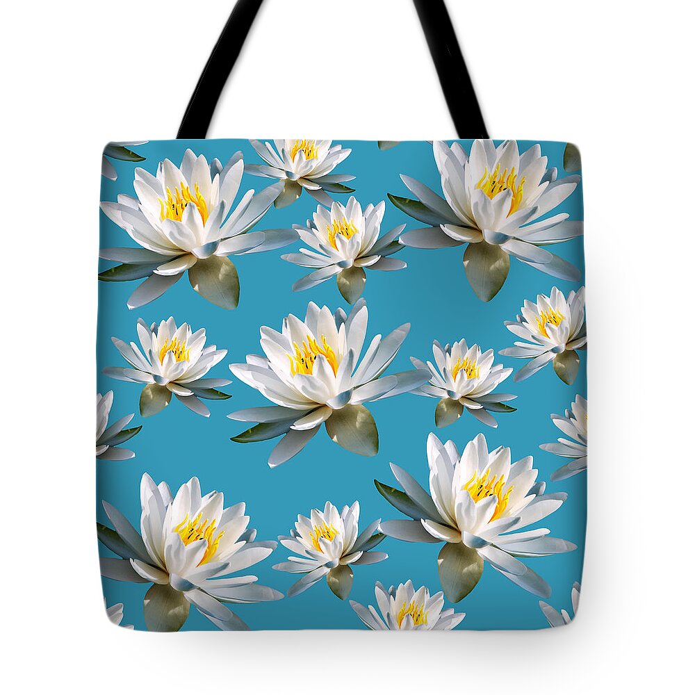 Water Lily Tote Bag featuring the mixed media Water Lily Pattern by Christina Rollo