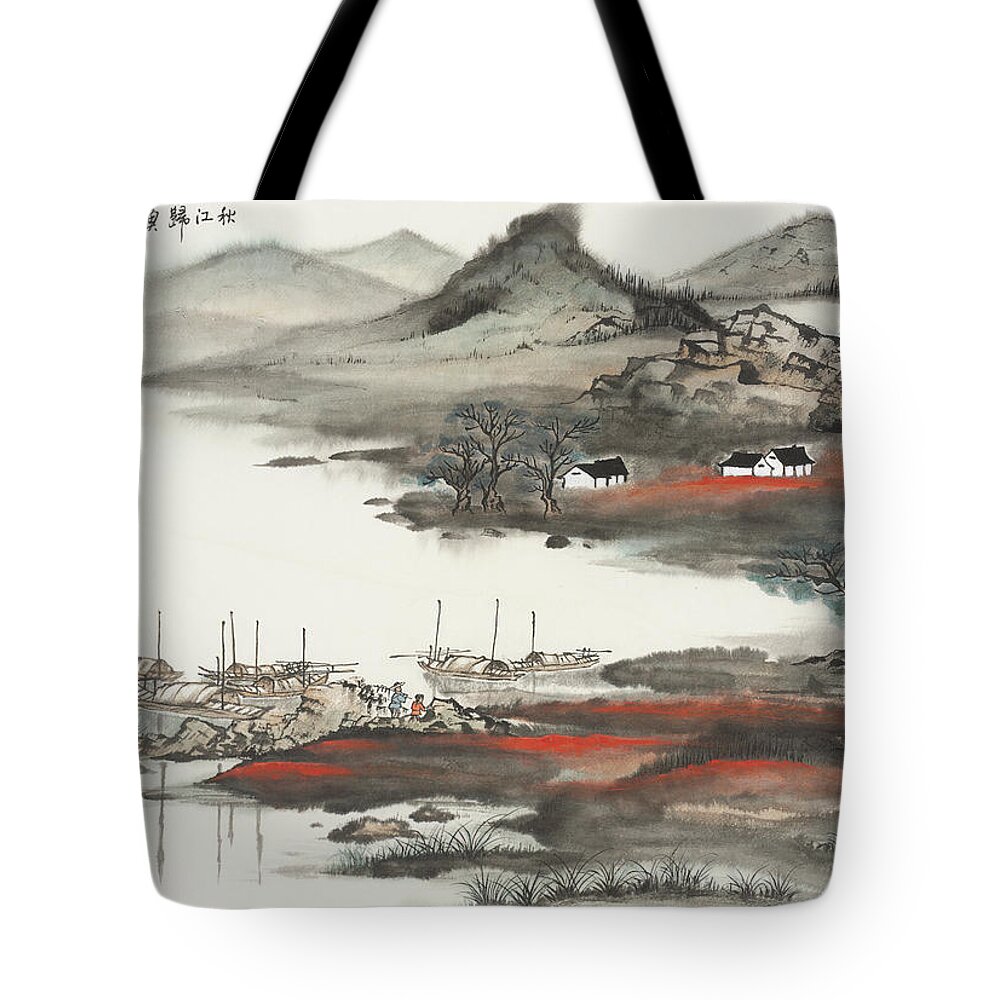 Chinese Watercolor Tote Bag featuring the painting Fisherman Bound for Home After a Successful Day on the Qiuji River by Jenny Sanders