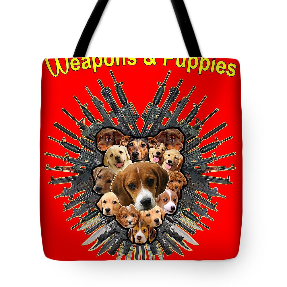 Weapons Tote Bag featuring the painting Weapon and Puppies by Yom Tov Blumenthal