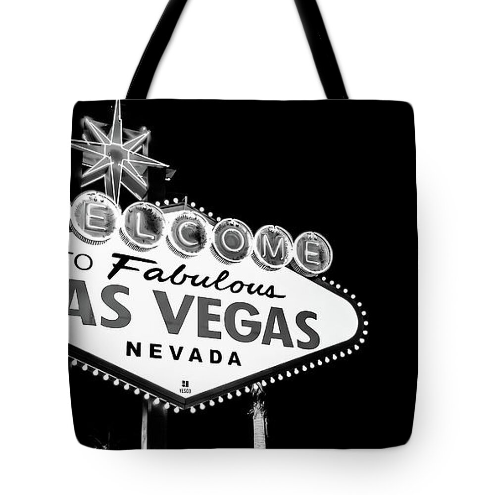 Las Vegas Sign Tote Bag featuring the photograph Welcome to Las Vegas Neon Sign - Nevada USA Monochrome Panorama by Gregory Ballos