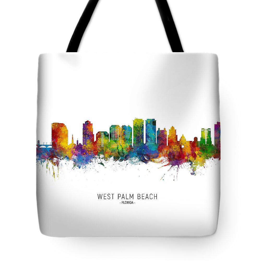 West Palm Beach Tote Bag featuring the digital art West Palm Beach Florida Skyline by Michael Tompsett