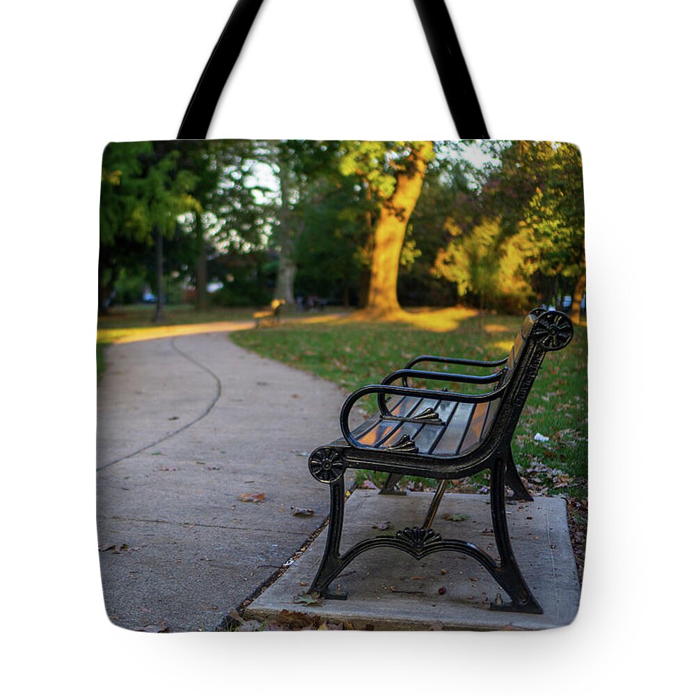 Park Tote Bag featuring the photograph West Park Bench and Pathway by Jason Fink