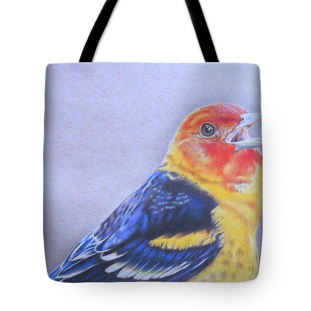 Western Tanager Tote Bag featuring the drawing Western Tanager - Male by Karrie J Butler