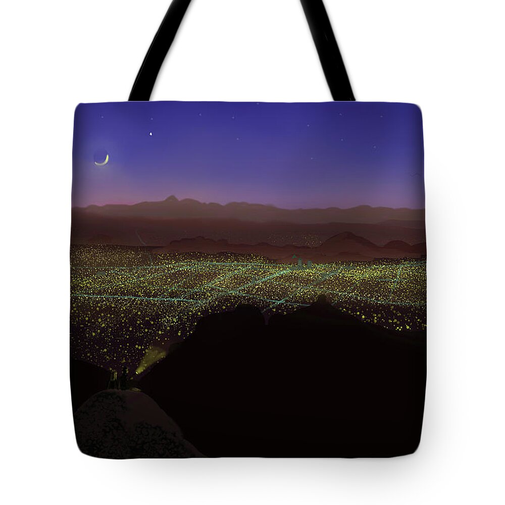 Tucson Tote Bag featuring the digital art When Tucson's Lights Flicker On by Chance Kafka