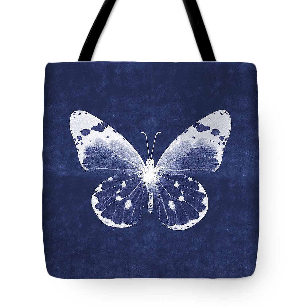 Butterfly White Blue Indigo Skeleton Butterfly Wings Modern Bohemianinsect Bug Garden Home Decorairbnb Decorliving Room Artbedroom Artcorporate Artset Designgallery Wallart By Linda Woodsart For Interior Designersgreeting Cardpillowtotehospitality Arthotel Artart Licensing Tote Bag featuring the mixed media White and Indigo Butterfly 1- Art by Linda Woods by Linda Woods