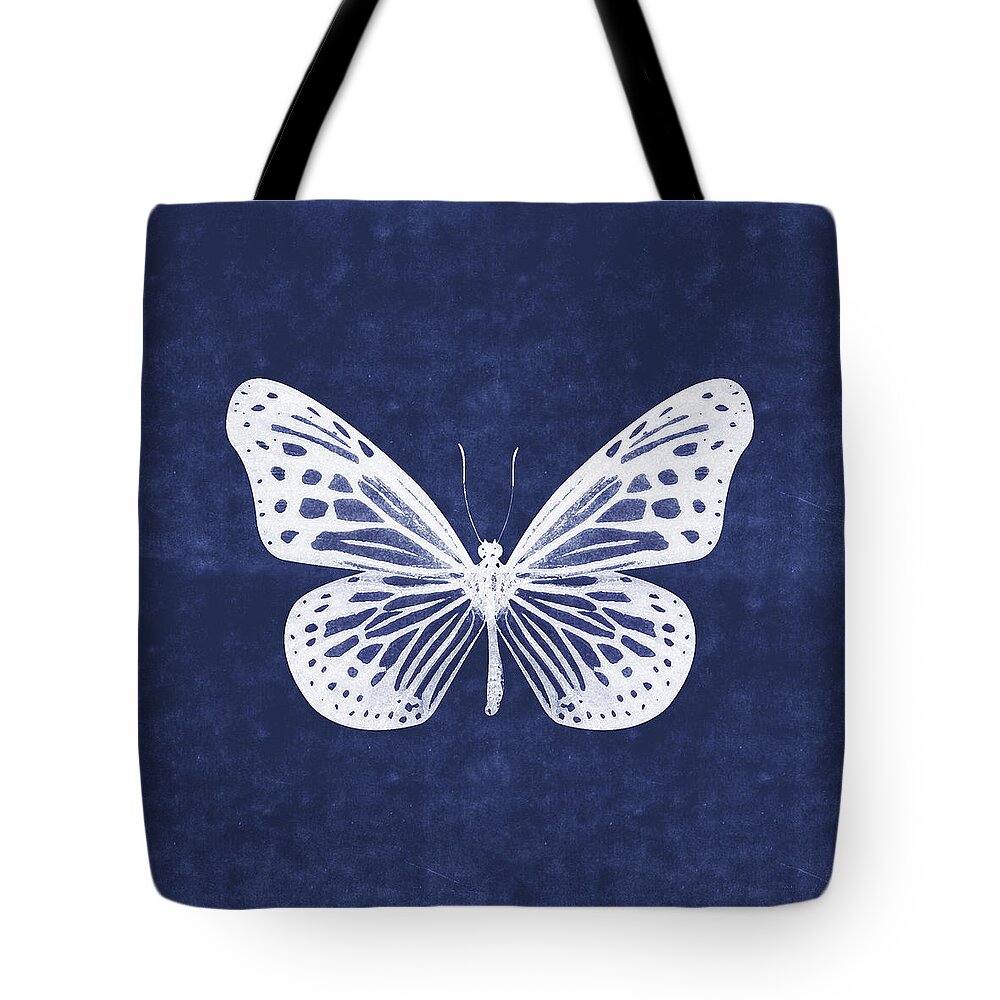 Butterfly Tote Bag featuring the mixed media White and Indigo Butterfly- Art by Linda Woods by Linda Woods
