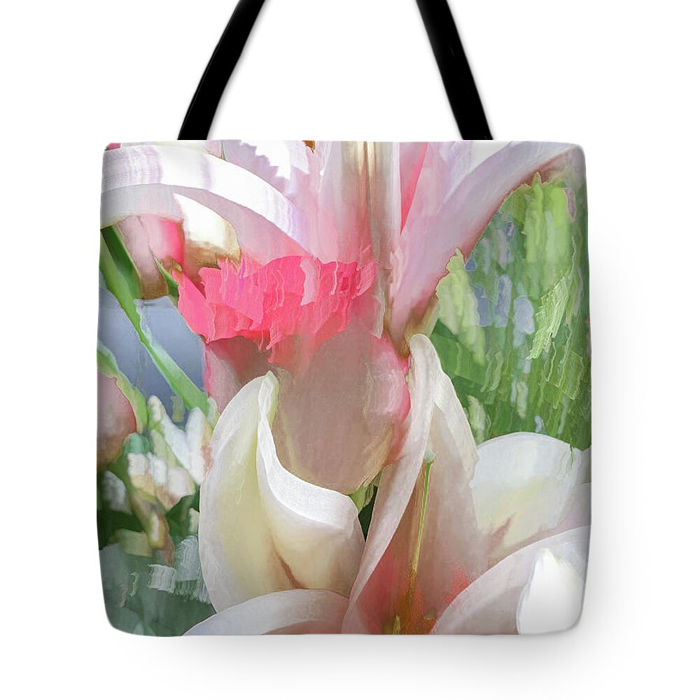 Abstract Tote Bag featuring the photograph White and pink flowers in pastel by Phillip Rubino