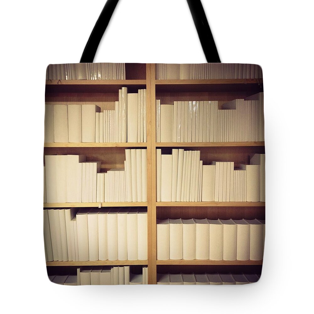 Education Tote Bag featuring the photograph White Books In Bookshelf by Jodie Griggs