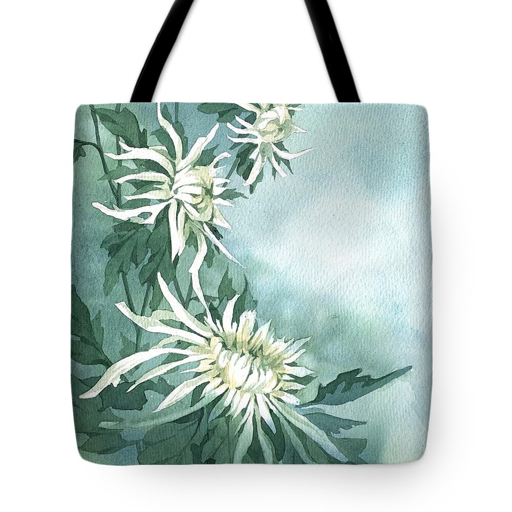 Russian Artists New Wave Tote Bag featuring the painting White Chrysanthemums Flowers by Ina Petrashkevich
