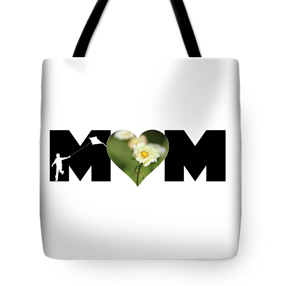 Mom Tote Bag featuring the photograph White Cosmos in Heart with Little Boy MOM Big Letter by Colleen Cornelius