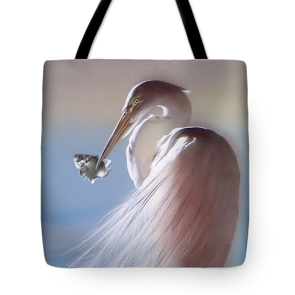 Russian Artists New Wave Tote Bag featuring the painting White Heron with Fish by Alina Oseeva