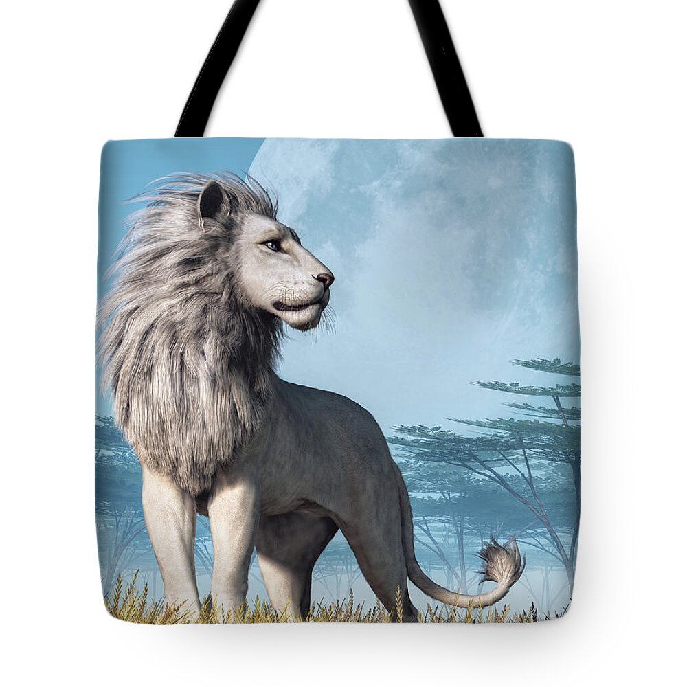 White Lion Tote Bag featuring the digital art White Lion and Full Moon by Daniel Eskridge