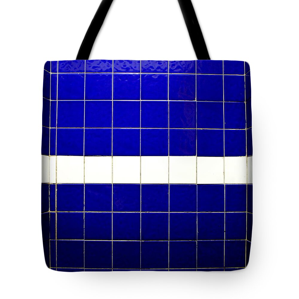 Symmetry Tote Bag featuring the photograph White On Blue Tile by Ti-rouge