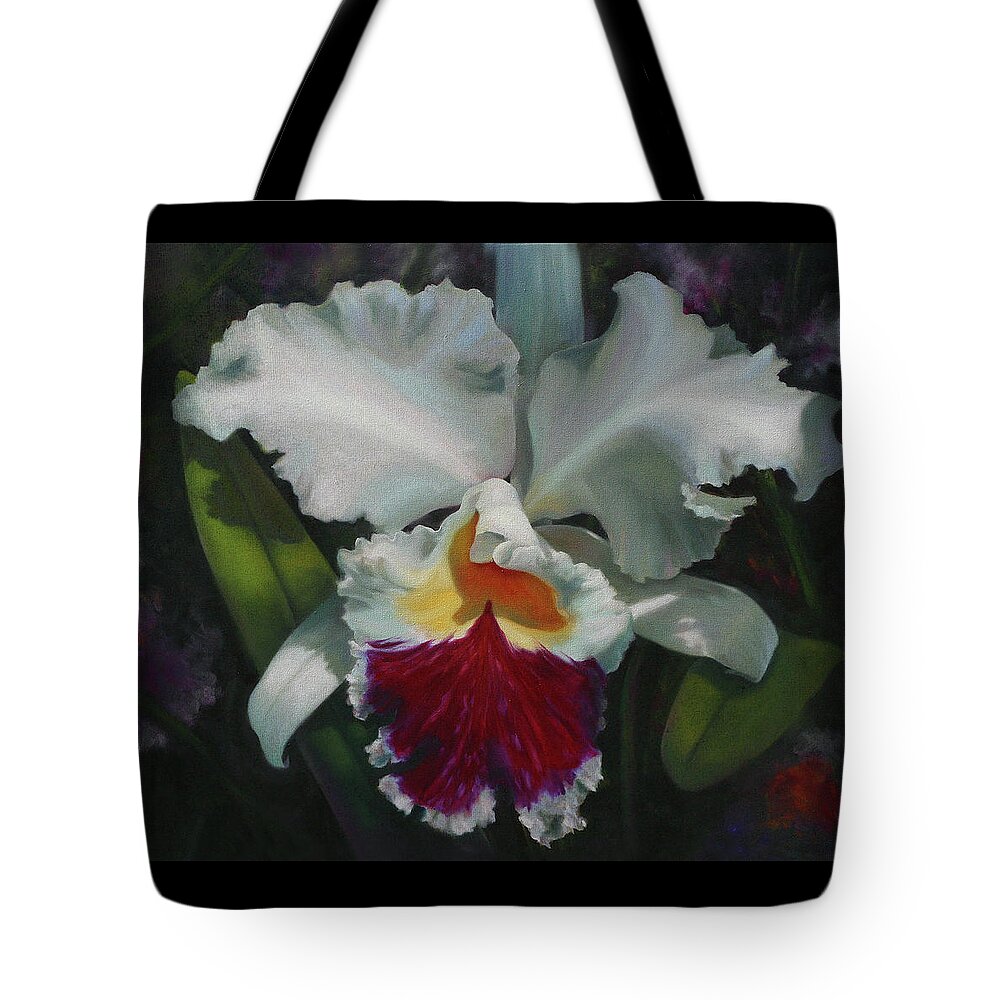Florals Tote Bag featuring the painting White Orchid by Lynne Pittard