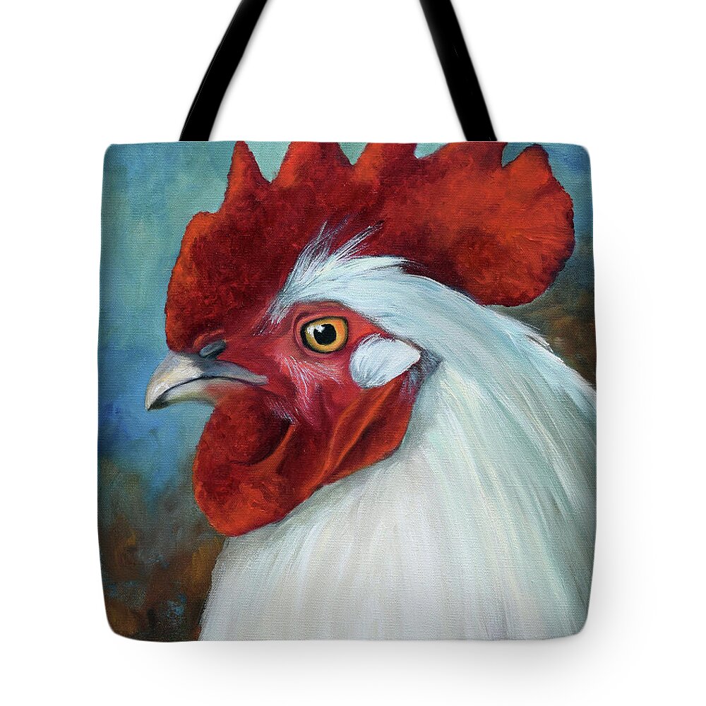 Rooster Tote Bag featuring the painting White Rooster Portrait by Cheri Wollenberg