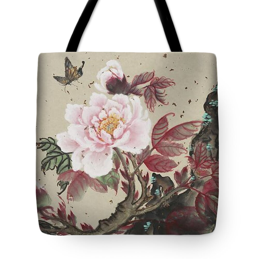 Chinese Watercolor Tote Bag featuring the painting Pink Peony and Butterfly by Jenny Sanders