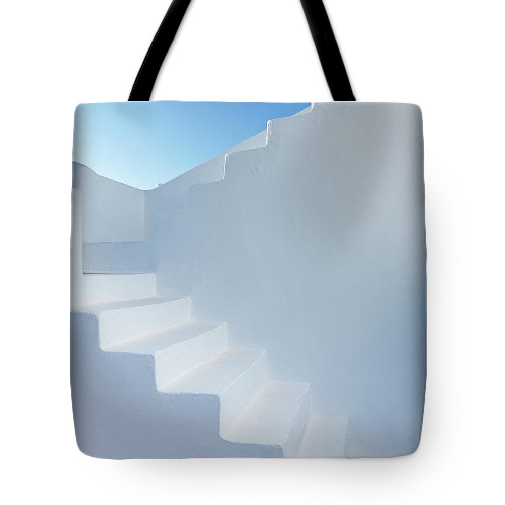 Steps Tote Bag featuring the photograph White Steps Of Santorini Church by ©gary Maunder